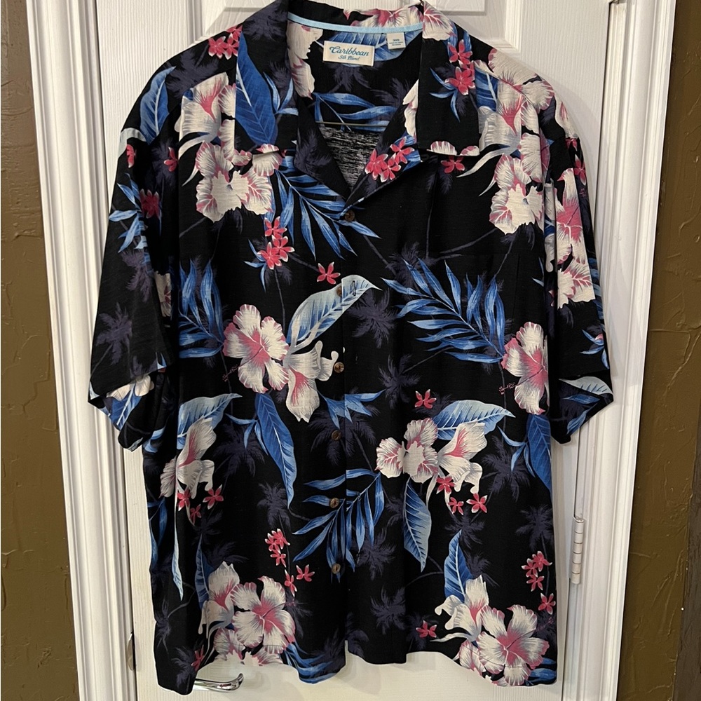 Caribbean Mens 3XB Hawaiian Shirt Black Silk Blend